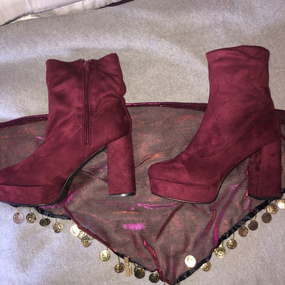 Dolls Kill Shoes - suede red burgundy platforms boots